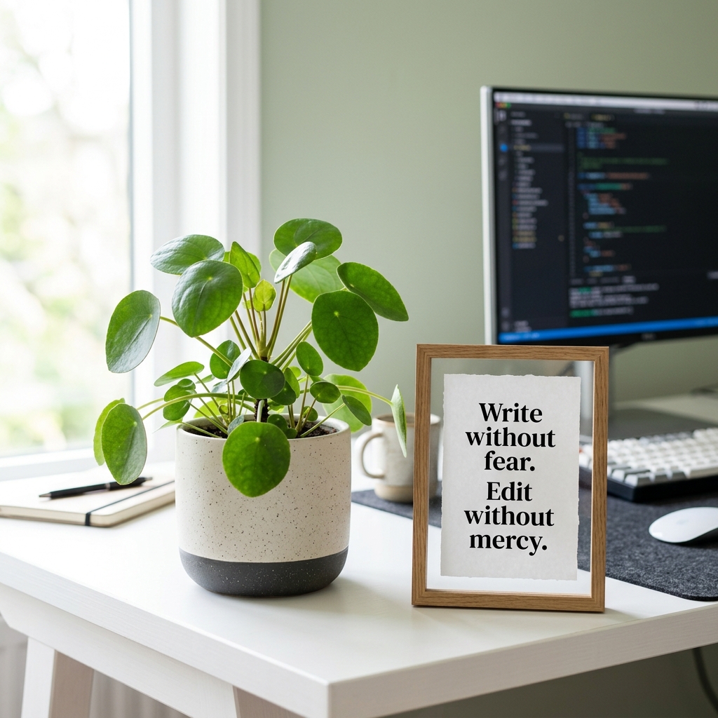 Workspace plant with framed text: Write without fear, edit without mercy